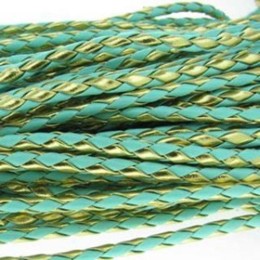 Fio Couro Ecológico Trançado Turquesa/Dourado 4 mm 1 metro