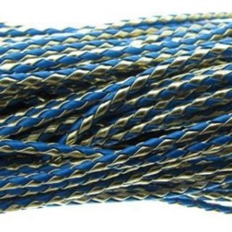 Fio Couro Ecológico Trançado Azul/Dourado 4 mm 1 metro